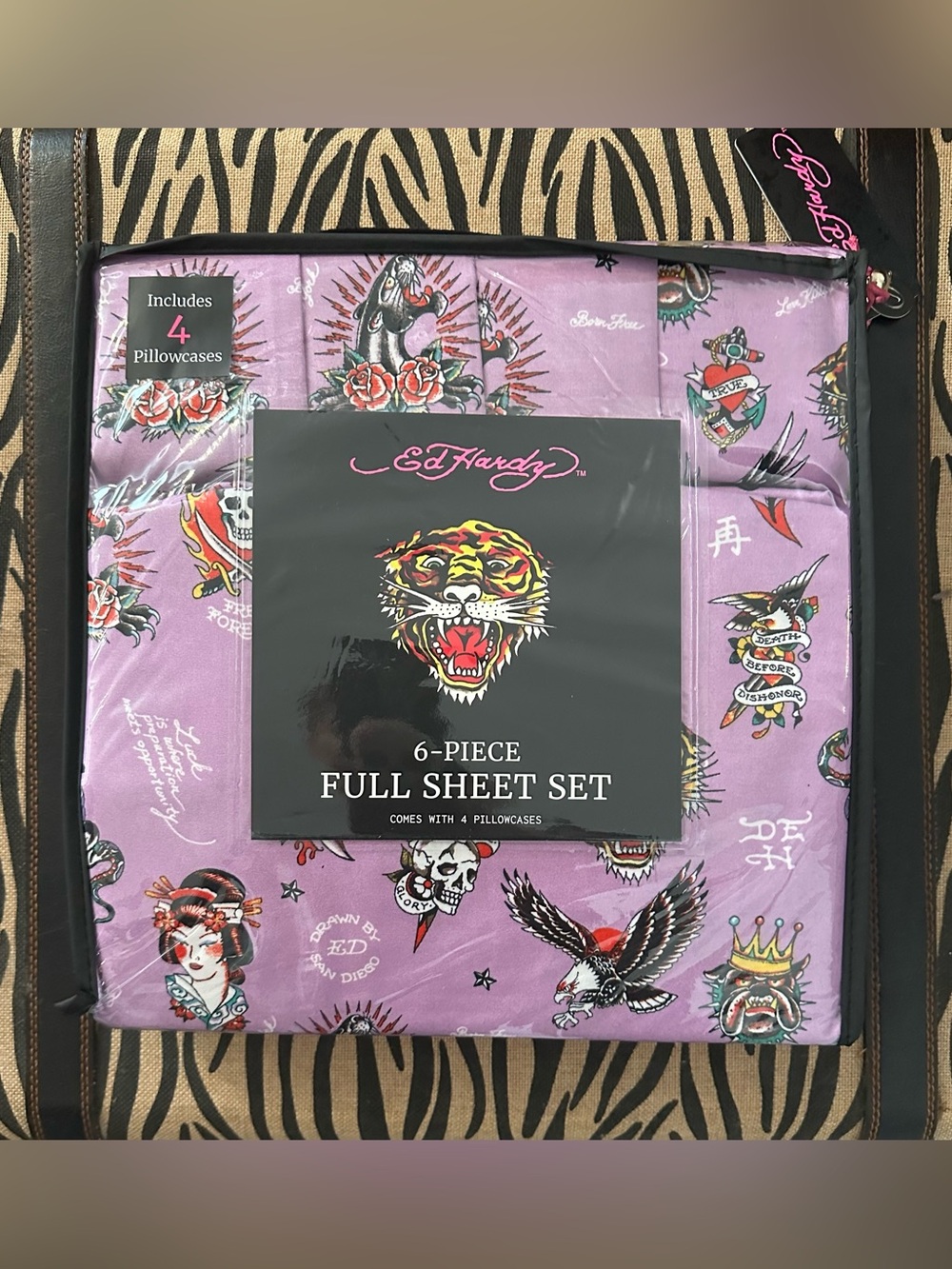 Ed Hardy Purple Tattoo-Style 6-Piece Sheet Set New
